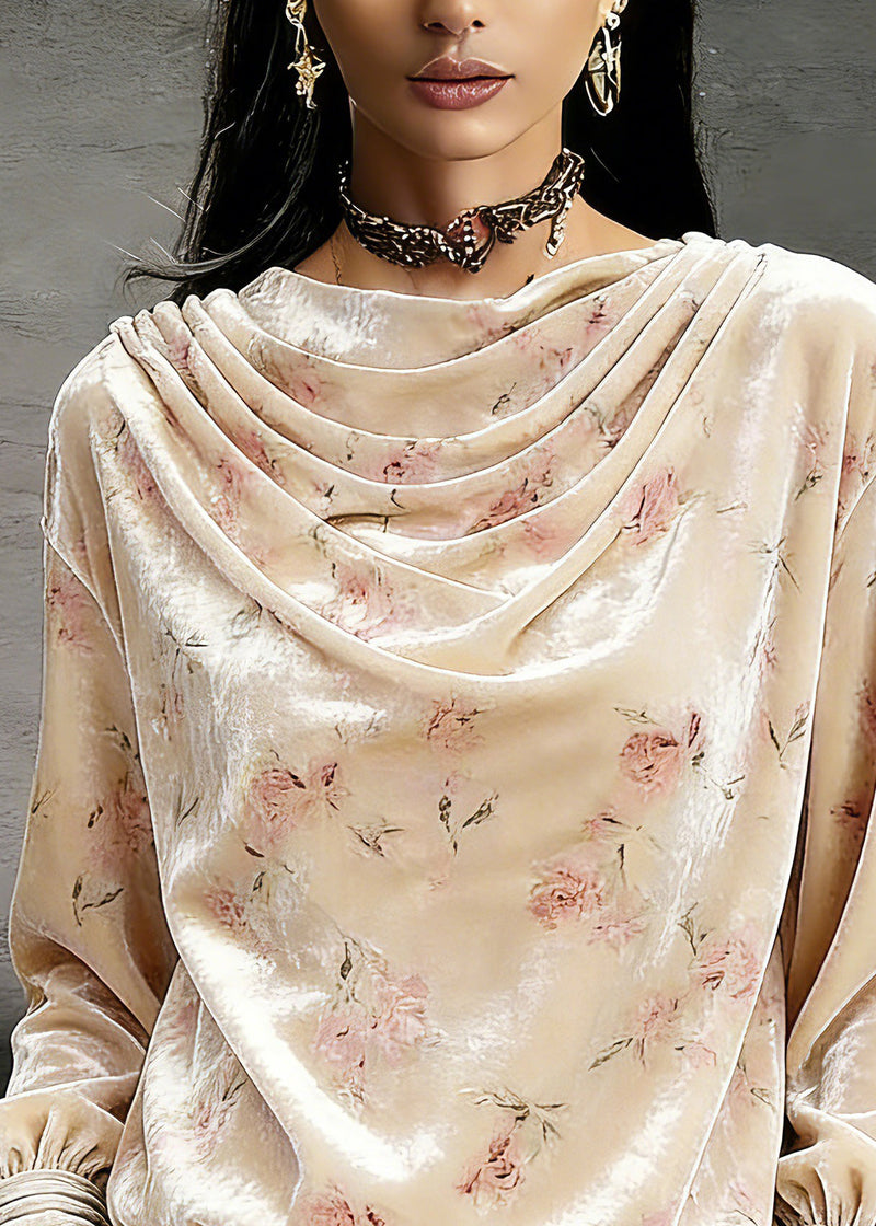 Pink Draped Necklin Print Silk Velour Shirts Lantern Sleeve
