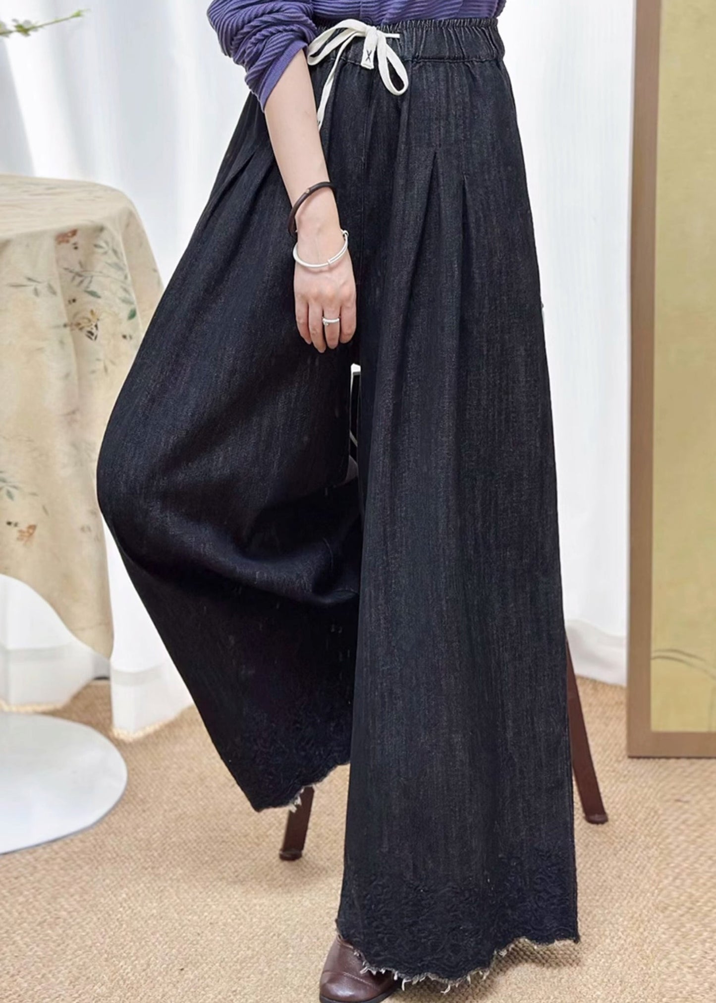Black Pockets Elastic Waist Denim Wide Leg Pants Fall