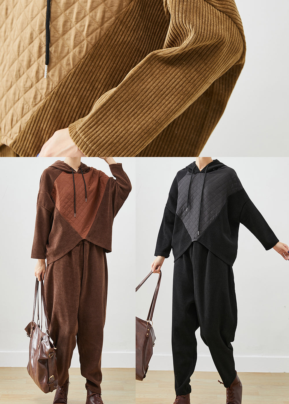 Khaki Hooded Patchwork Corduroy Two Pieces Set Batwing Sleeve