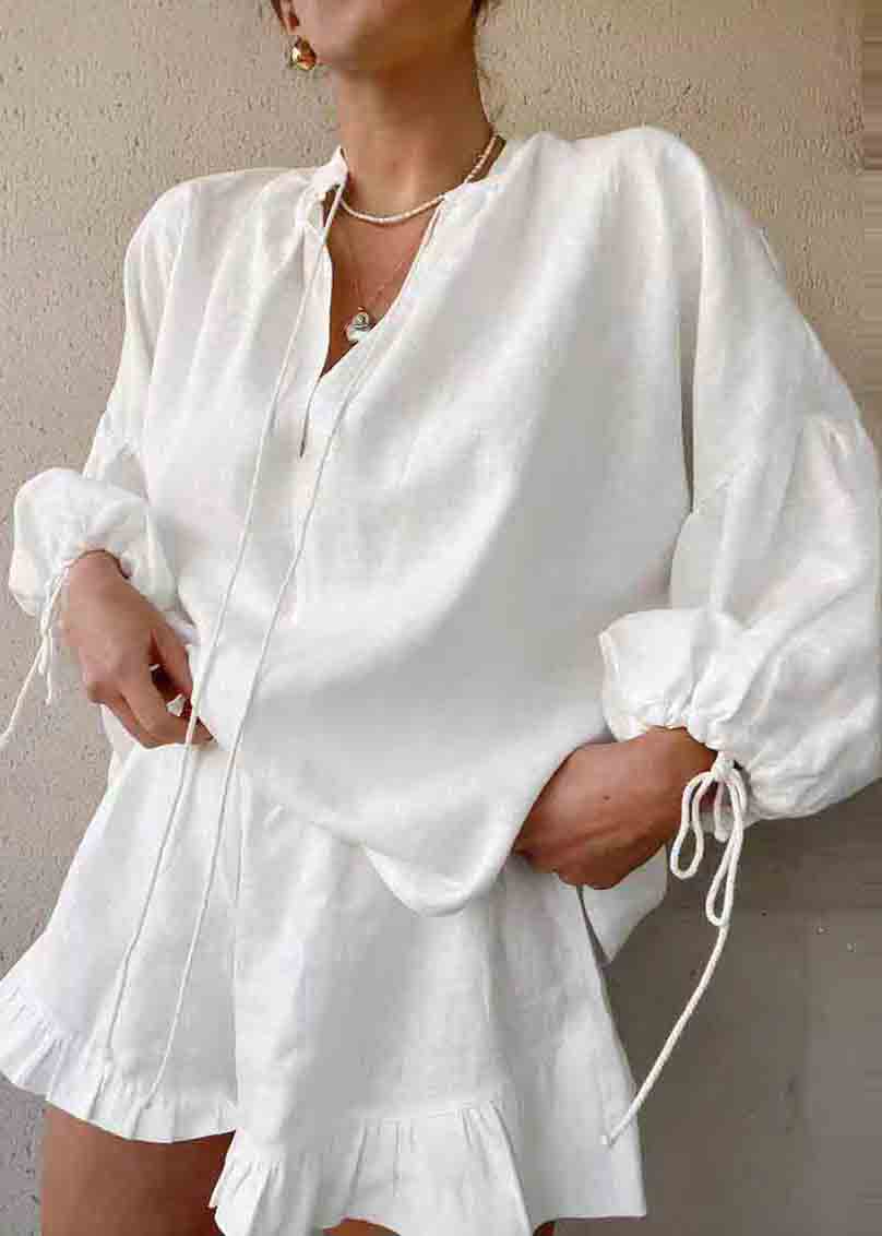 White Oversized Ruffled Cotton Sets 2 Pieces Summer