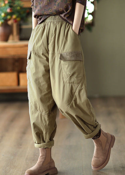 Light Green Pockets Patchwork Fleece Harem Pants