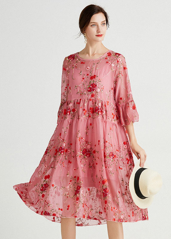 Pink O-neck Embroideried Lace Dresses Two Piece Set Summer