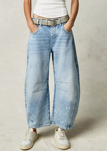 Modern Blue Pockets High Waist Denim Crop Pants Summer