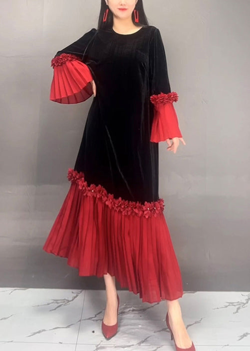 Red O Neck Chiffon Patchwork Velour Dresses Flare Sleeve