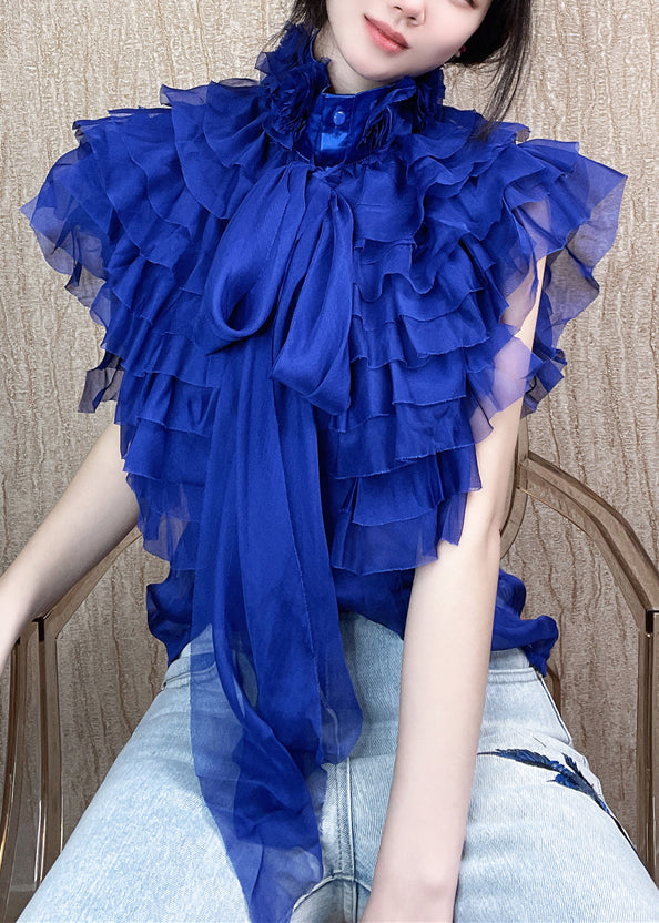 Black Layered Ruffled Stand Collar Bow Shirts Summer