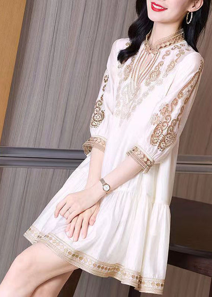 White Stand Collar Lace Patchwork Silk Maxi Dress Spring