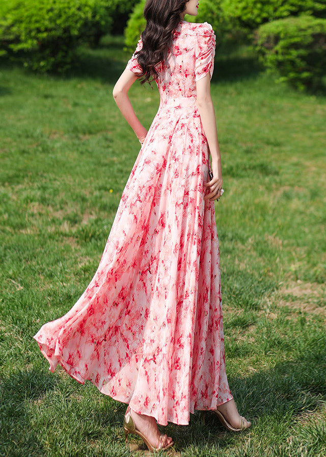 Pink V Neck Print Wrinkled Chiffon Long Dresses Summer