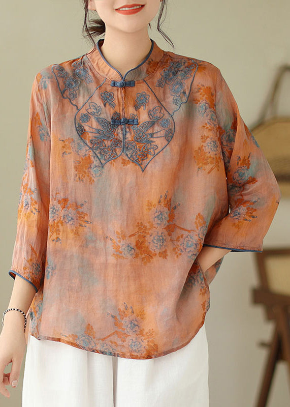 Orange Embroideried Print Cotton Shirts Half Sleeve