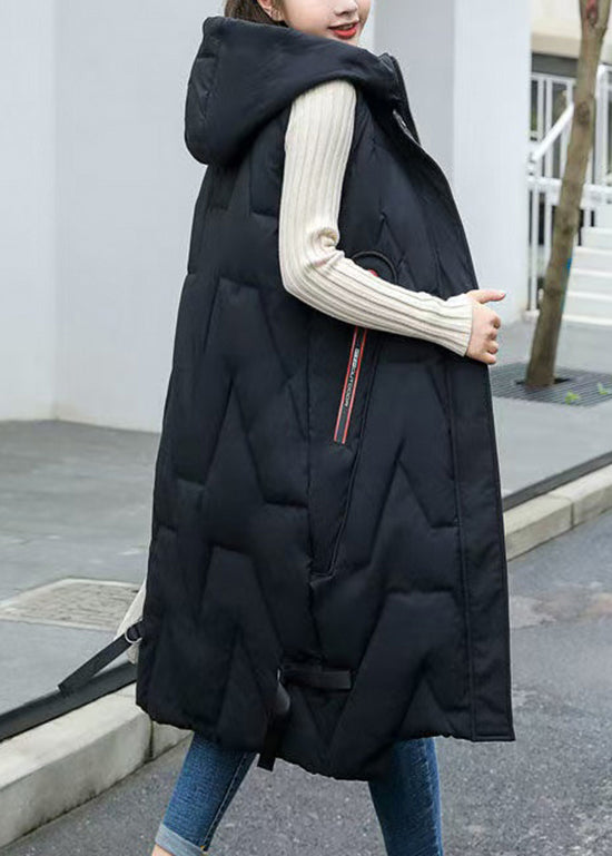 Black Hooded Patchwork Long Duck Down Vest Sleeveless