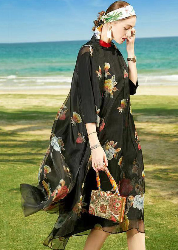 Black Stand Collar Patchwork Holiday Silk Two Pieces Set Summer