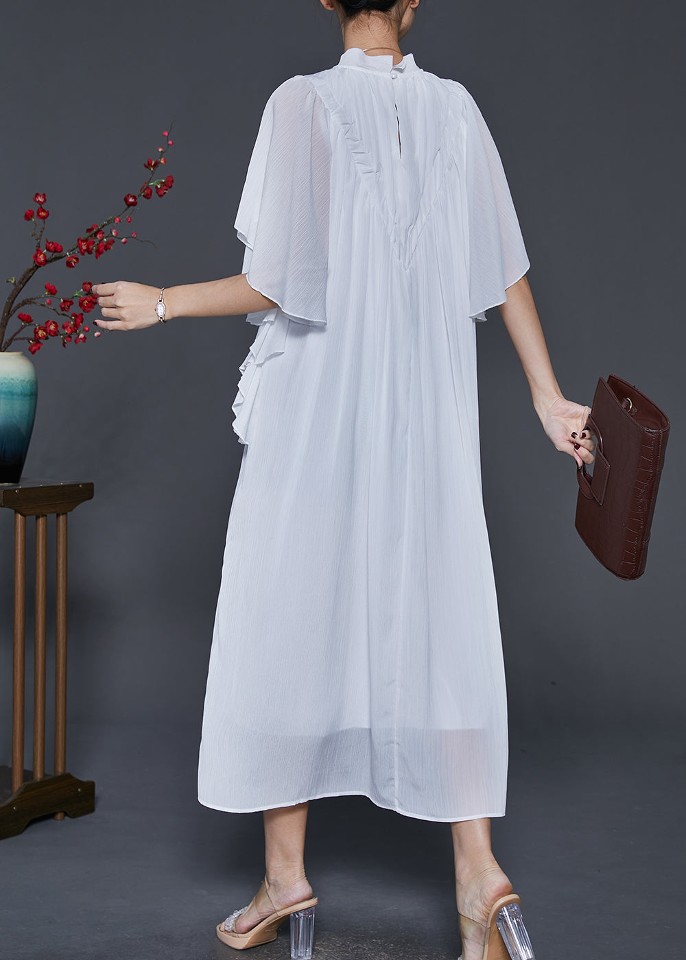 White Wrinkled Chiffon Long Dresses Butterfly Sleeve