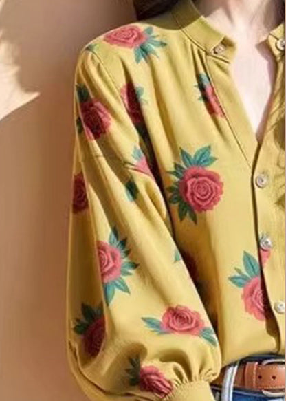 Original Design Yellow Rose Print Button Top Fall