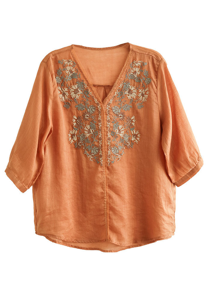 Orange V Neck Embroideried Linen Blouse Top Half Sleeve