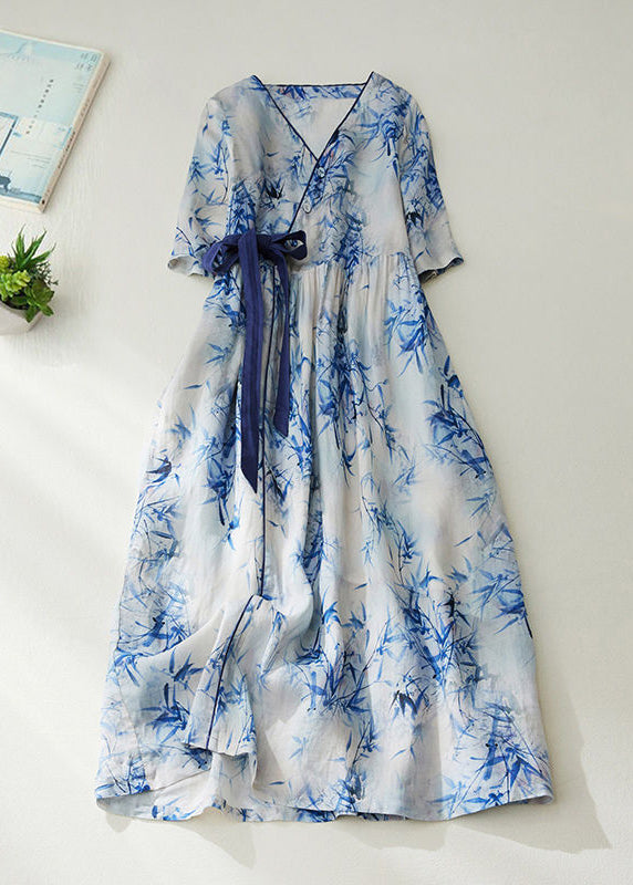 Blue V Neck Tie Waist Print Linen Cinched Dress Summer