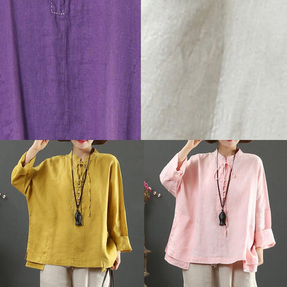 Stand Collar Pockets Spring Blouse Work Outfits Purple Blouse