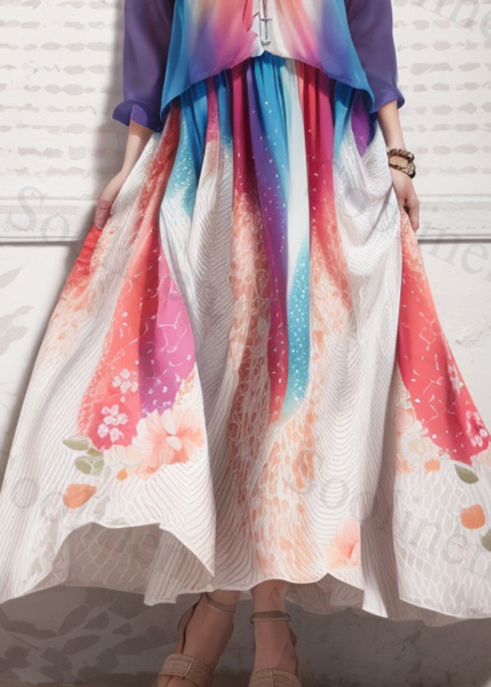 Gradient Color V Neck Print Silk Maxi Dresses Summer