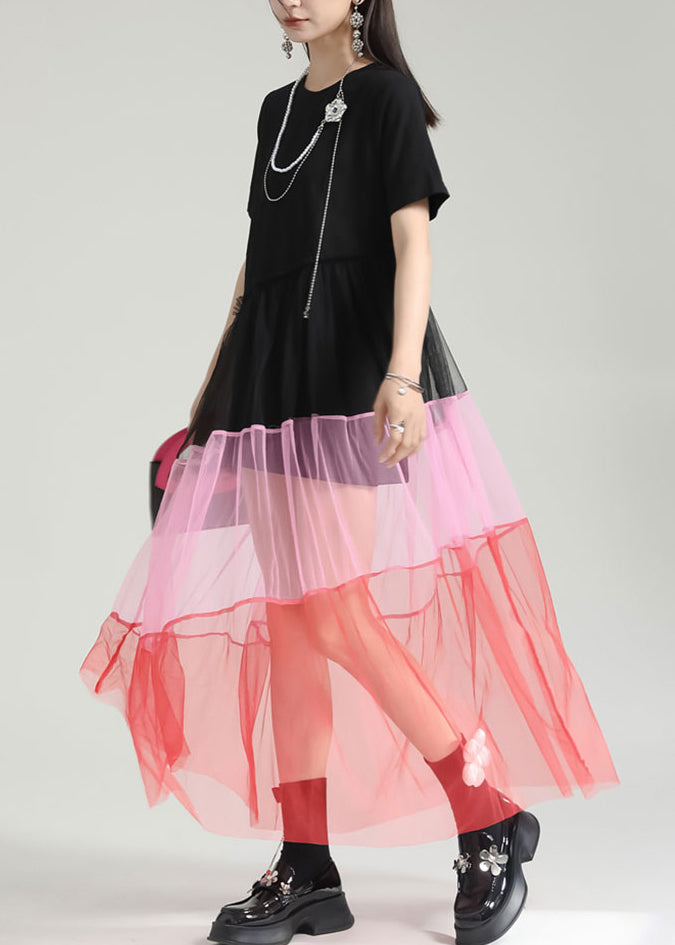 Colorblock O Neck Wrinkled Patchwork Tulle Dresses Summer
