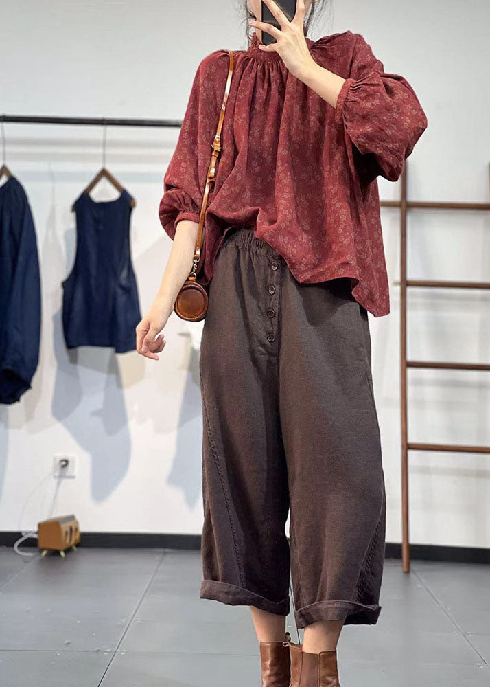 Red Stand Collar Print Linen Shirt Top Fall