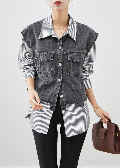 Black Striped Patchwork Denim Coat Outwear Fall