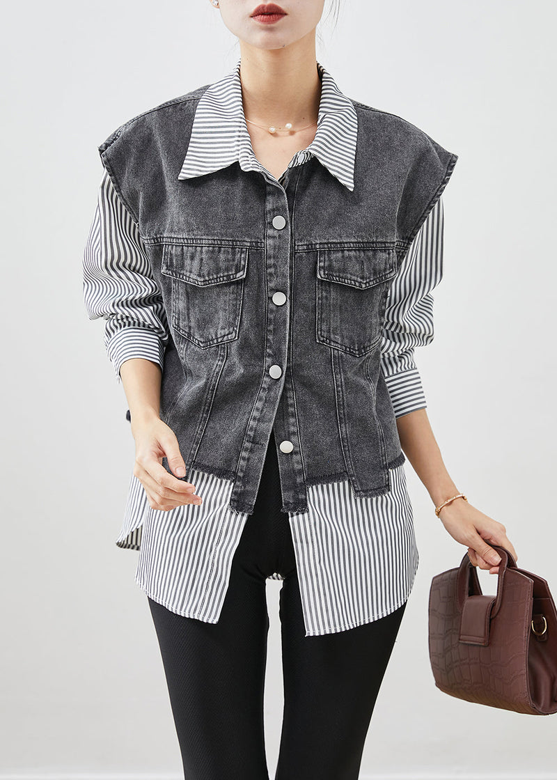 Black Striped Patchwork Denim Coat Outwear Fall