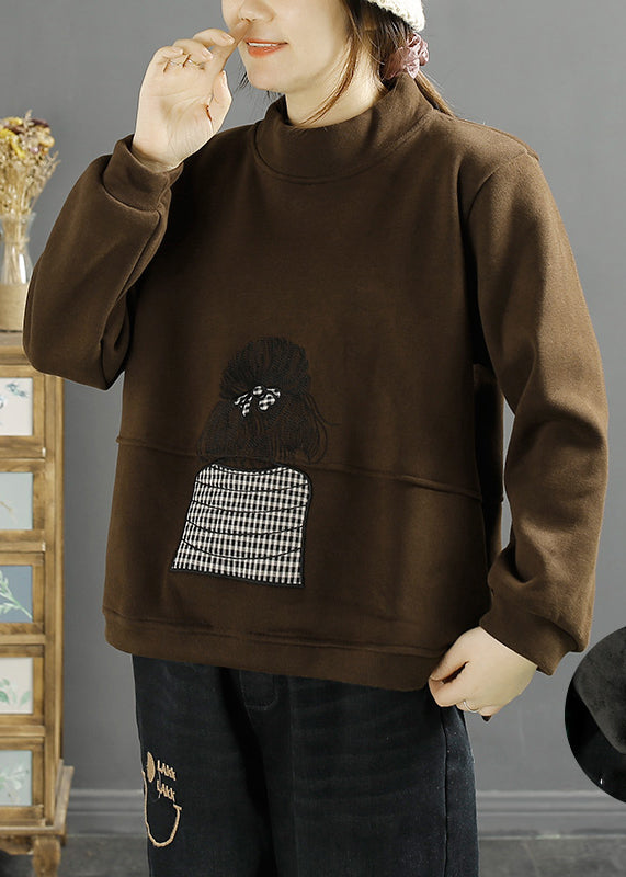 Classy Green Stand Collar Embroideried Warm Fleece Pullover Sweatshirt Winter