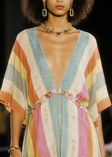 Multicolored V Neck Patchwork Cotton Mid Dress Summer
