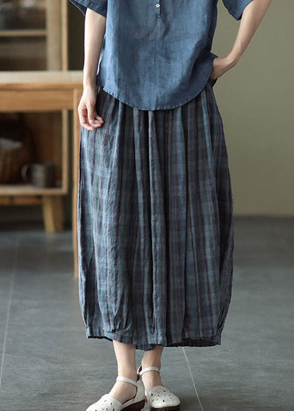 Blue Elastic Waist Plaid Cotton Pants Spring