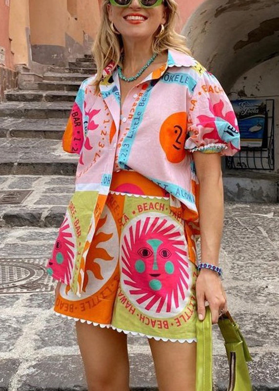 Rainbow Print Shirts and Shorts Two Piece Set Short Sleeve