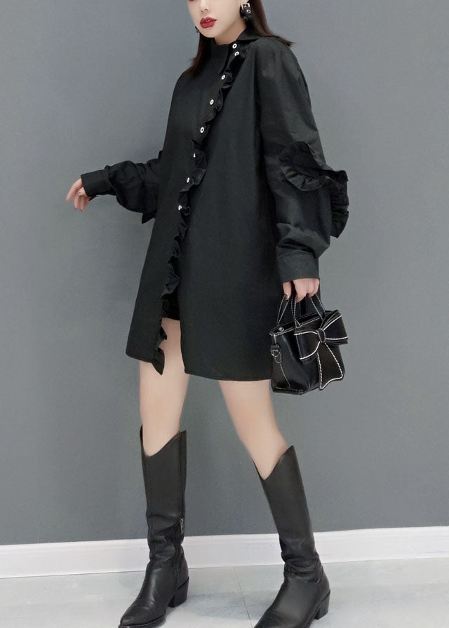 Black Peter Pan Collar Asymmetrical Ruffled Cotton Shirt Tops Spring