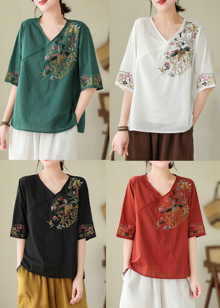 Blackish Green Embroidered Side Open Cotton Blouses Summer