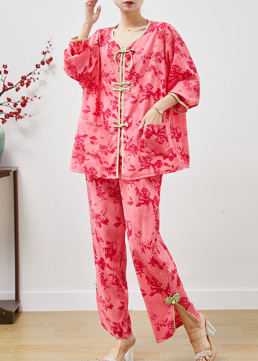 Red Chinese Button Print Cotton Two Pieces Set Summer
