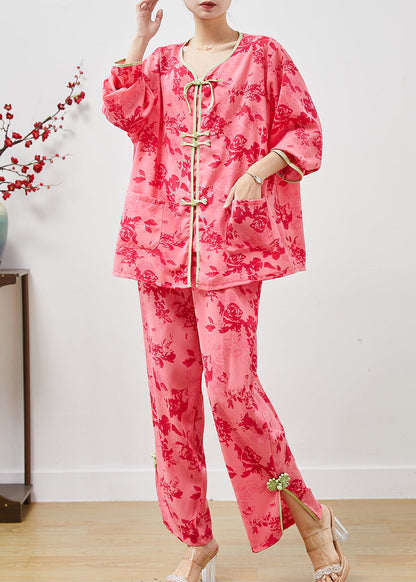 Red Chinese Button Print Cotton Two Pieces Set Summer