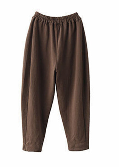 Chocolate Colour Pockets Elastic Waist Cotton Pants Fall