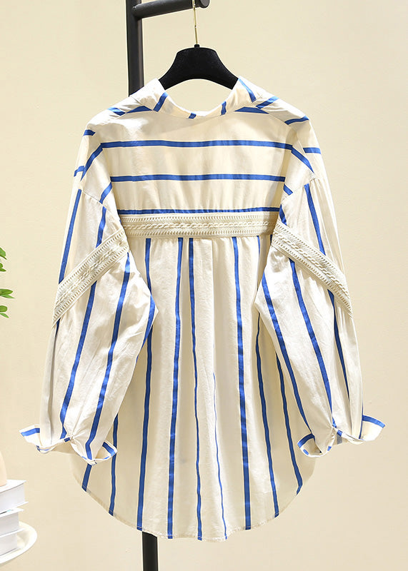 Black Peter Pan Collar Striped Cotton Blouse Top Fall