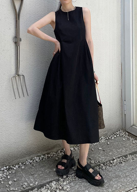 Black Wrinkled Patchwork Cotton a Line Dress O Neck Sleeveless