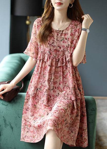 Classy Pink O-neck Ruffles Patchwork Print Silk Dresses Petal Sleeve
