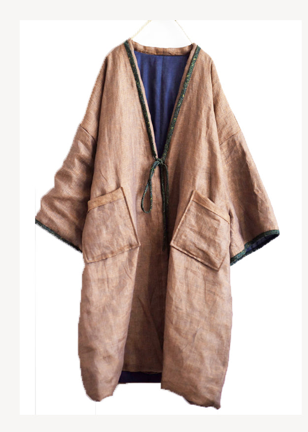 Retro Coffee Pockets Lace Up Fine Cotton Filled Coat Winter