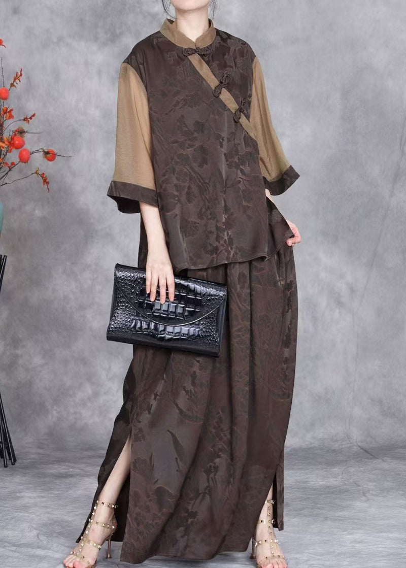 French Coffee Chinese Button Tops and Skirts Silk Two Pieces Set Summer