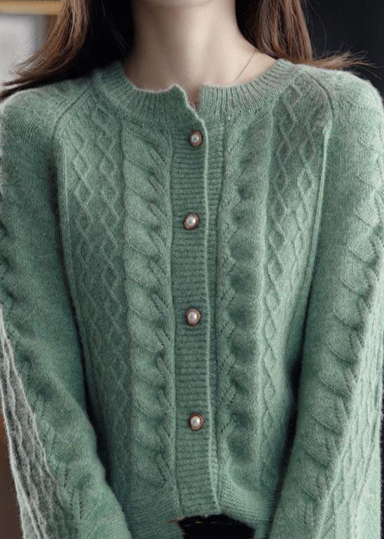 Green Warm Wool Cable Knit Cardigans O-neck Pearl Button Winter
