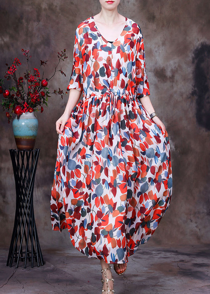 Red V Neck Print Tie Waist Chiffon Maxi Dresses Half Sleeve