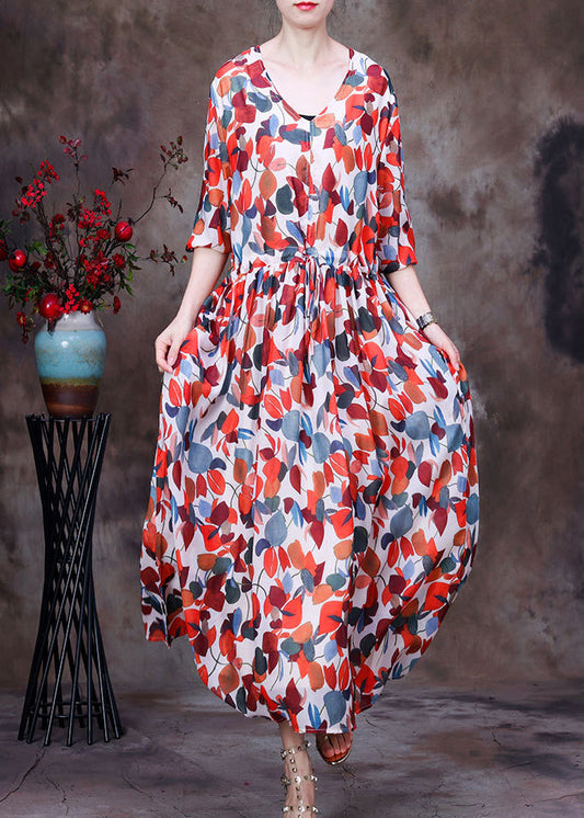 Red V Neck Print Tie Waist Chiffon Maxi Dresses Half Sleeve