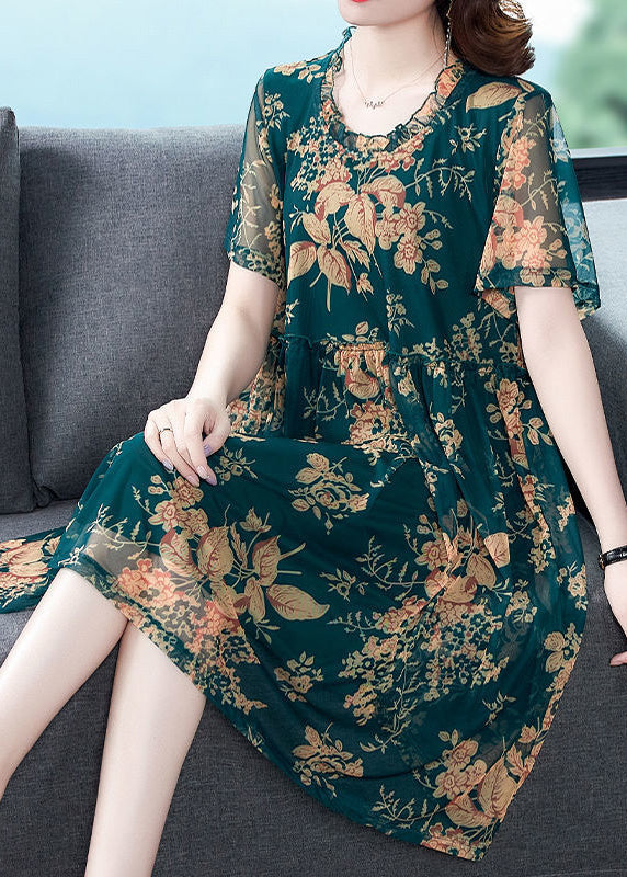 Italian Green O-neck Print Holiday Long Dress Summer