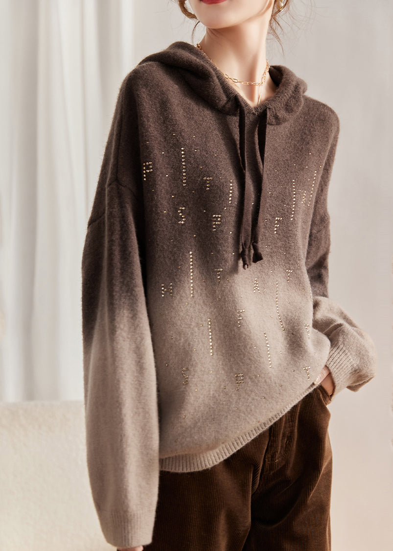 Khaki Hooded Gradient Color Knit Sweatshirts Top Winter