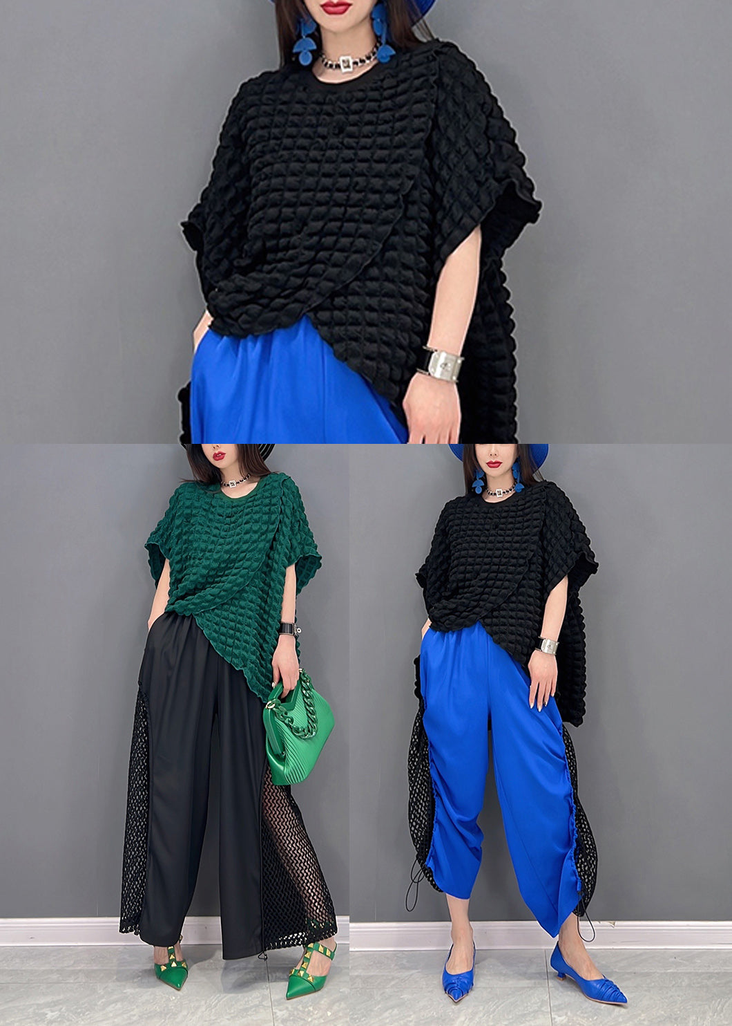 Blue Patchwork Tulle Top and Crop Pant Two Piece Set Clothing Drawstring Summer