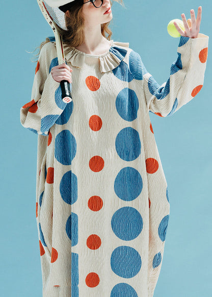 Stylish Apricot Dot Print Silk Velour Maxi Dress Fall