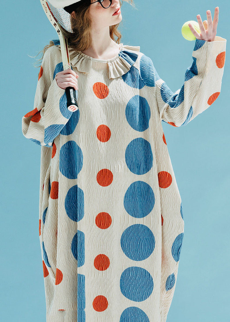 Stylish Apricot Dot Print Silk Velour Maxi Dress Fall