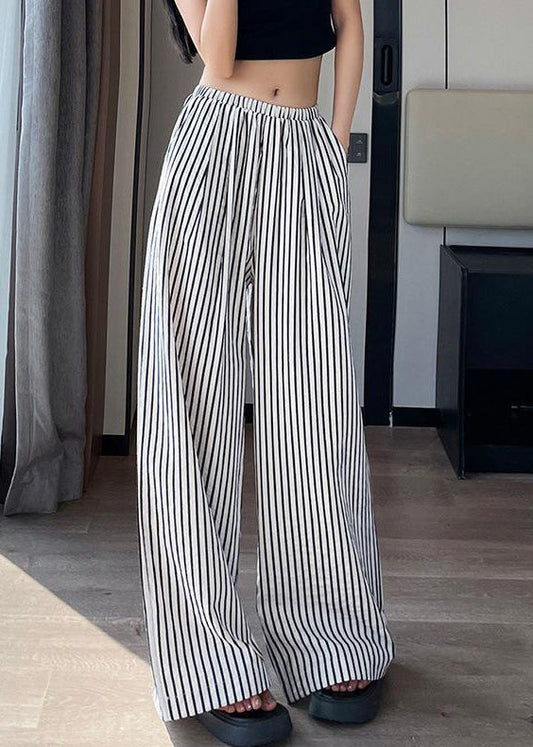 New White Striped Pockets High Waist Cotton Pants Summer