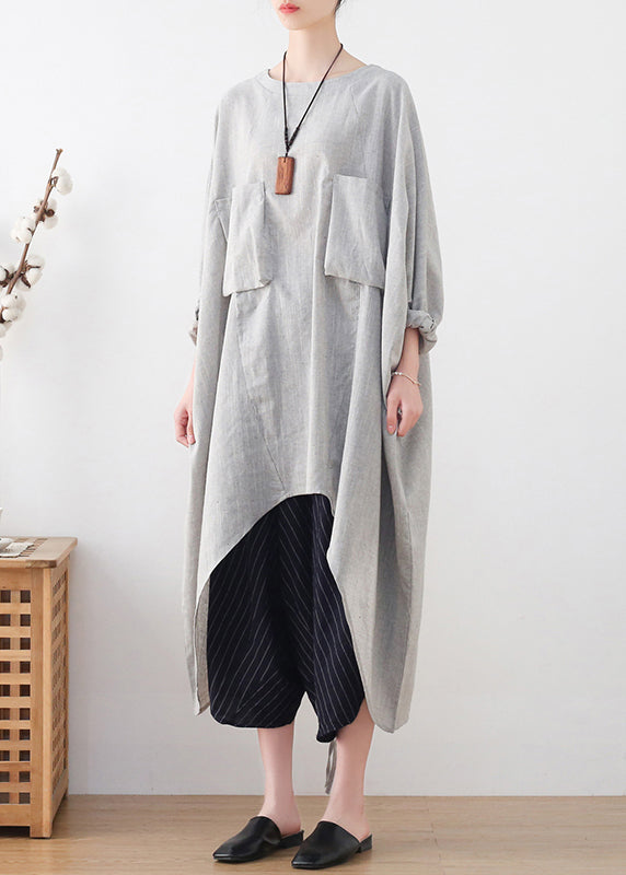 Light Grey Drawstring Asymmetrical Pockets Cotton Tops Batwing Sleeve