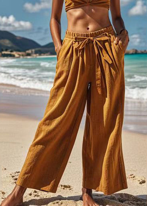 Earth Yellow Elastic Waist Bow Wide Leg Pants Summer
