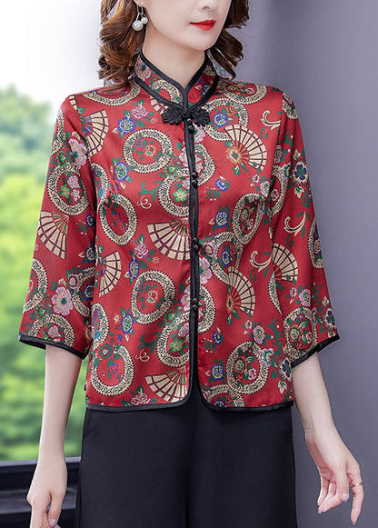 Red Button Stand Collar Print Silk Two Piece Set Clothing Summer
